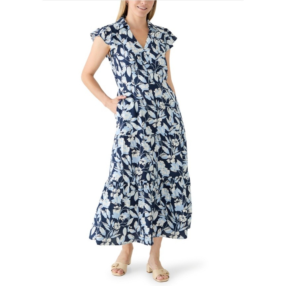 Hampton House Navy Blue Floral Maxi Dress Collared Flutter Sleeve Tiered Medium
